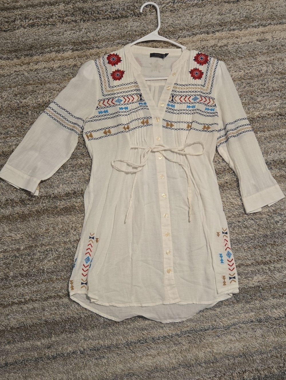 THML Cream Embroidered Button-Front Tunic with Waist Tie